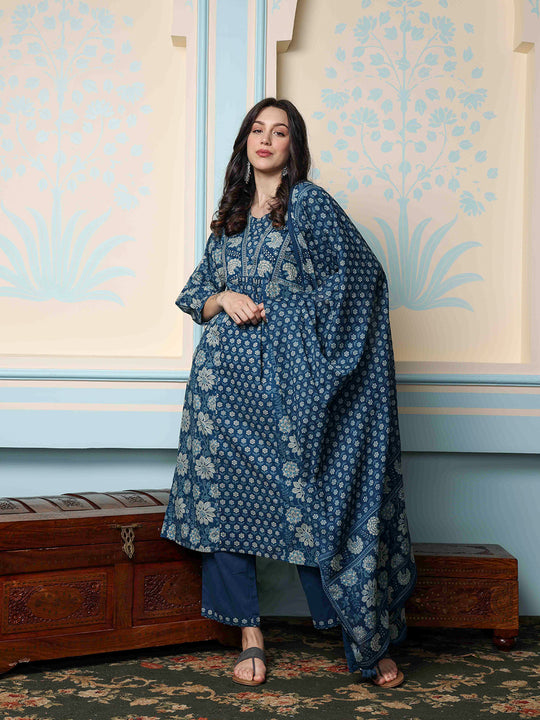 Floral Printed Round Neck Three-Quarter Sleeves Cotton Kurta with Trousers & Dupatta