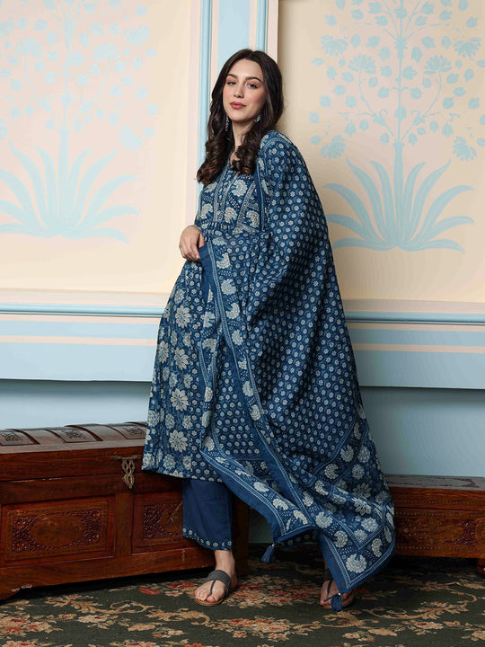 Floral Printed Round Neck Three-Quarter Sleeves Cotton Kurta with Trousers & Dupatta