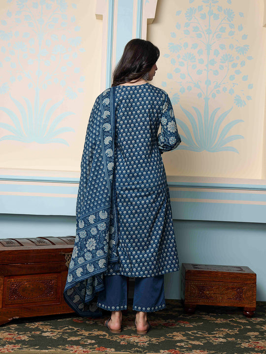 Floral Printed Round Neck Three-Quarter Sleeves Cotton Kurta with Trousers & Dupatta