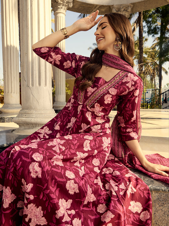 Cotton Embellished Floral Printed A-line Kurta With Trouser & Dupatta