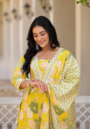 Floral Printed Panelled Beads and Stones Anarkali Kurta With Trouser & Dupatta