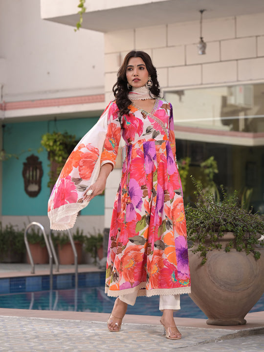 Floral Printed Angrakha Gotta Patti Pure Cotton A-Line Kurta with Trousers & Dupatta