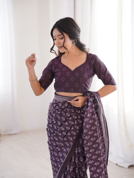 Soft Pure Cotton Hand Bagru Print Sarees With Blouse Pice