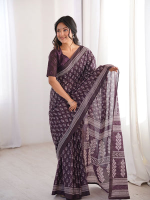 Soft Pure Cotton Hand Bagru Print Sarees With Blouse Pice