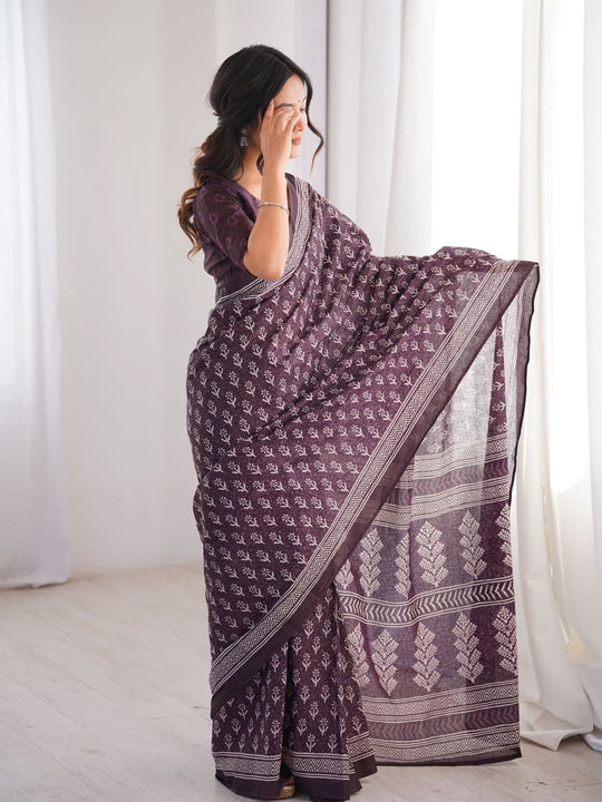Soft Pure Cotton Hand Bagru Print Sarees With Blouse Pice