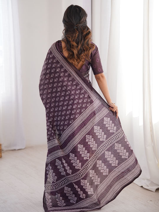 Soft Pure Cotton Hand Bagru Print Sarees With Blouse Pice