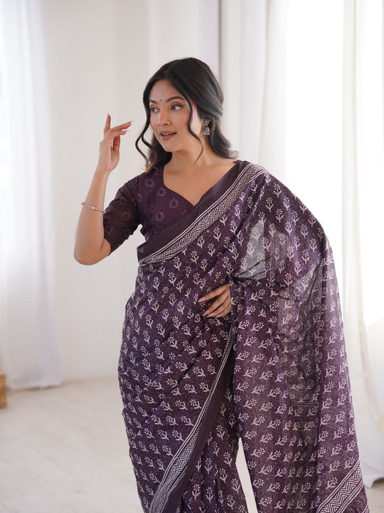 Soft Pure Cotton Hand Bagru Print Sarees With Blouse Pice