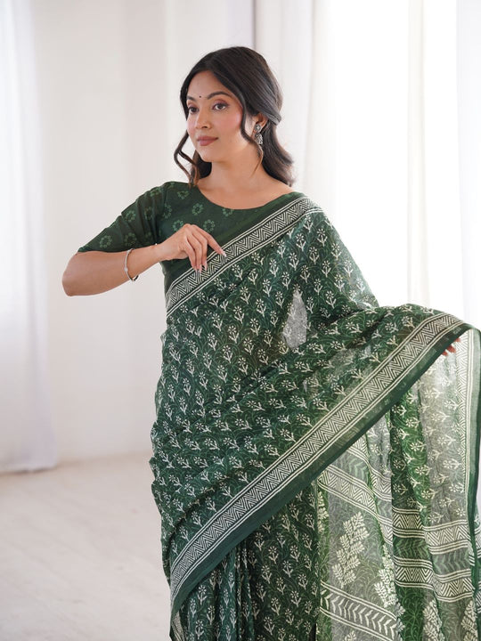 Soft Pure Cotton Hand Bagru Print Sarees With Blouse Pice