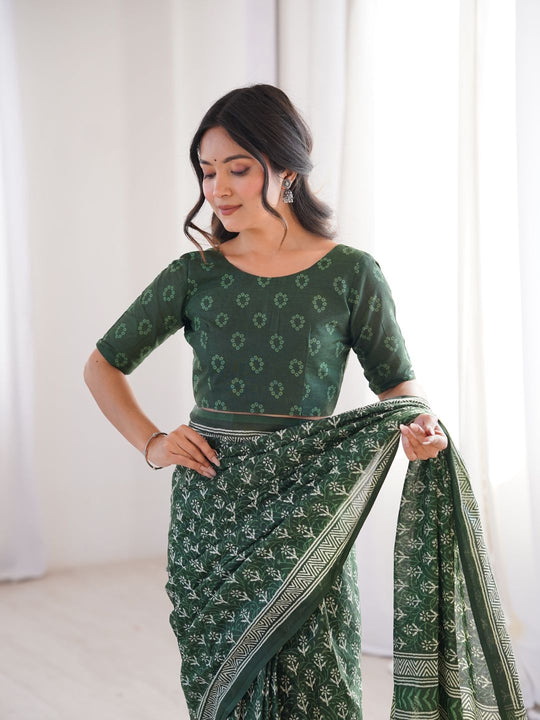 Soft Pure Cotton Hand Bagru Print Sarees With Blouse Pice