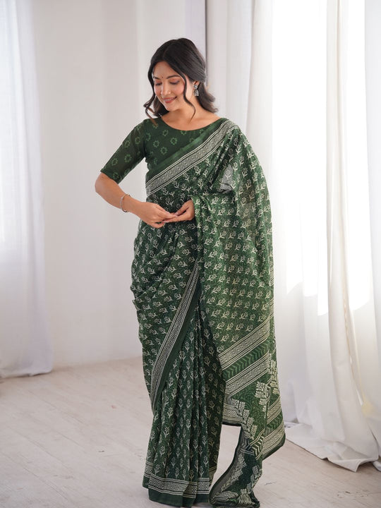 Soft Pure Cotton Hand Bagru Print Sarees With Blouse Pice