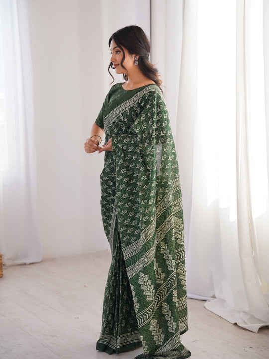 Soft Pure Cotton Hand Bagru Print Sarees With Blouse Pice