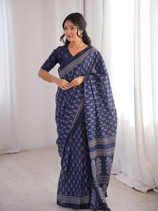 Soft Pure Cotton Hand Bagru Print Sarees With Blouse Pice