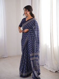 Soft Pure Cotton Hand Bagru Print Sarees With Blouse Pice