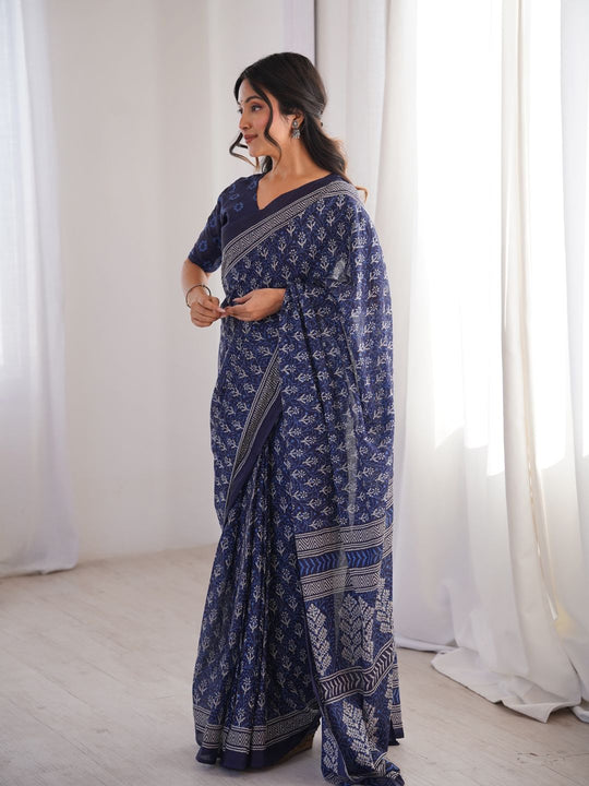 Soft Pure Cotton Hand Bagru Print Sarees With Blouse Pice