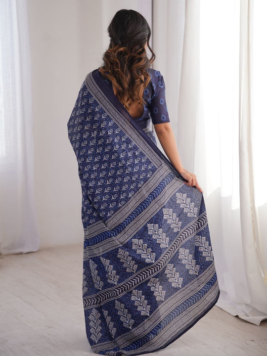 Soft Pure Cotton Hand Bagru Print Sarees With Blouse Pice
