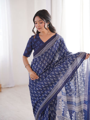 Soft Pure Cotton Hand Bagru Print Sarees With Blouse Pice