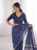 Soft Pure Cotton Hand Bagru Print Sarees With Blouse Pice
