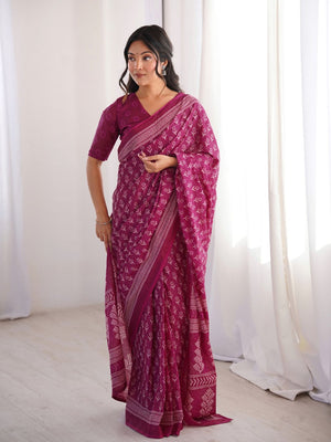 Soft Pure Cotton Hand Bagru Print Sarees With Blouse Pice