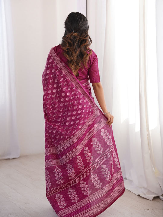 Soft Pure Cotton Hand Bagru Print Sarees With Blouse Pice