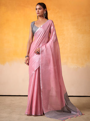 Pink Banarasi Tissue Silk Saree With Blouse Piece