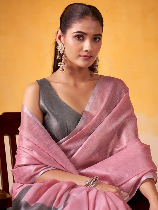 Pink Banarasi Tissue Silk Saree With Blouse Piece