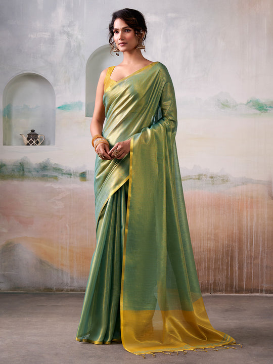 Green Pure Handloom Tissue Saree With Blouse Piece