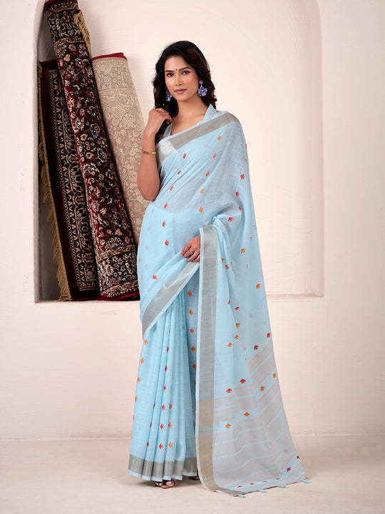 Sky Blue Linen Silk Saree With Blouse Piece