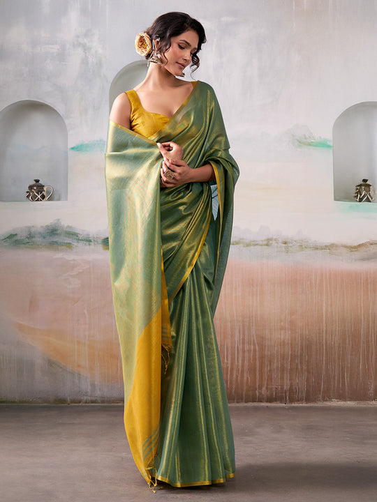 Green Pure Handloom Tissue Saree With Blouse Piece