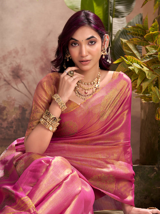 Pink Tissue Silk Adorned With Gorgeous Woven Butta Saree With Blouse Piece