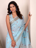 Sky Blue Linen Silk Saree With Blouse Piece