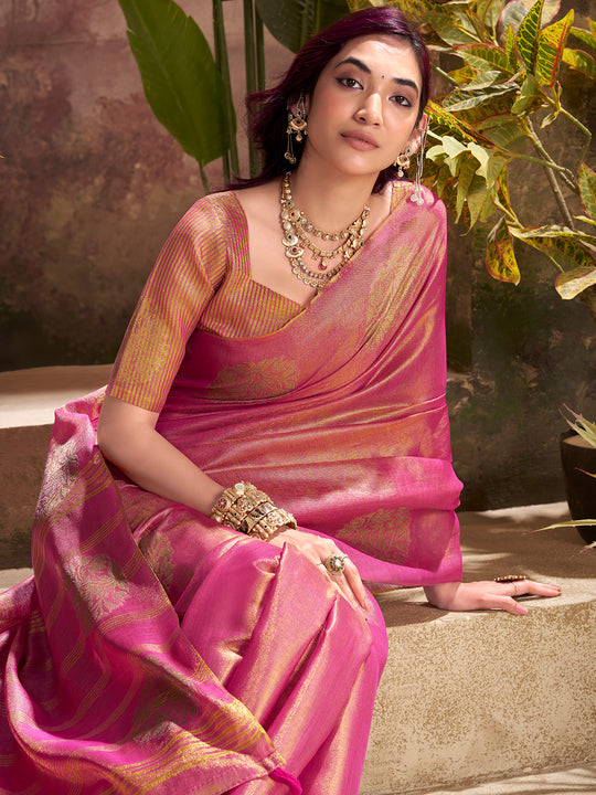 Pink Tissue Silk Adorned With Gorgeous Woven Butta Saree With Blouse Piece