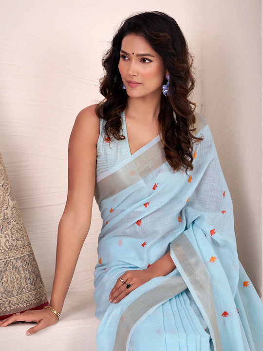 Sky Blue Linen Silk Saree With Blouse Piece