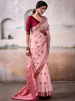 Pink Modal Cotton Saree With Blouse Piece