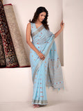 Sky Blue Linen Silk Saree With Blouse Piece