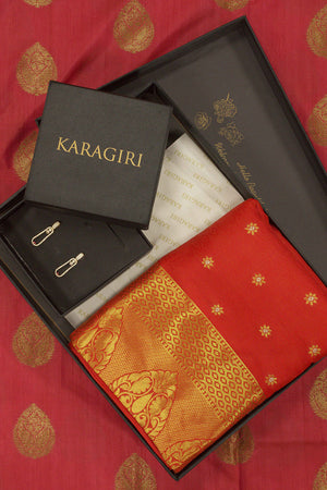 Raksha Bandhan Gift Box - (Set of Bright Red Banarasi Saree And Earrings)
