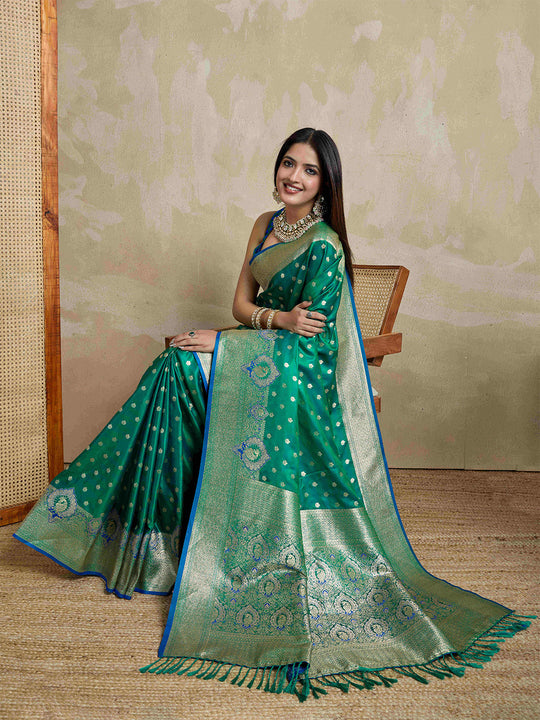 Green Pure Satin Banarasi Saree With Tassels Saree With Blouse Piece