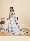 White Linen Saree With Jari Border All Over Single Colour Printed Saree With Blouse Piece