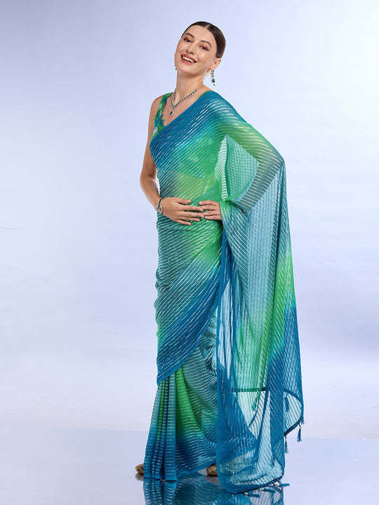 Green & Blue Weightless Saree With Blouse Piece