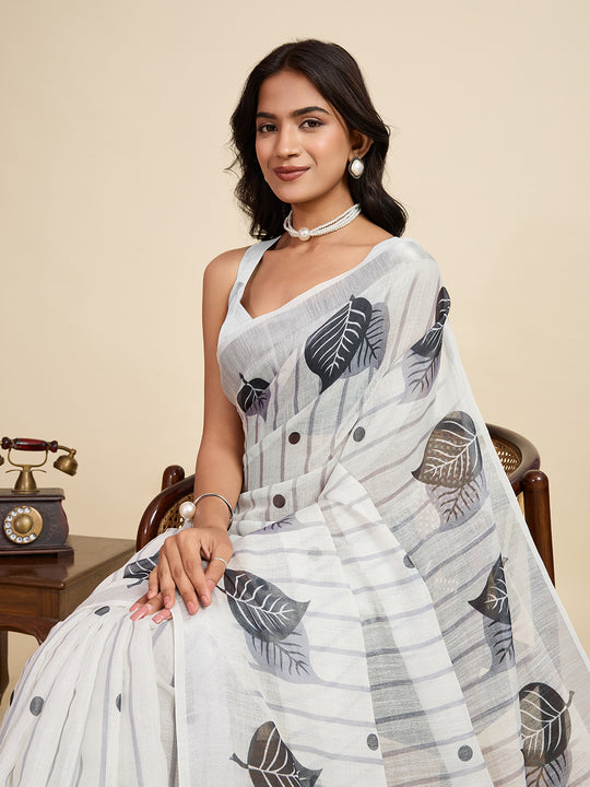 White Linen Saree With Jari Border All Over Single Colour Printed Saree With Blouse Piece
