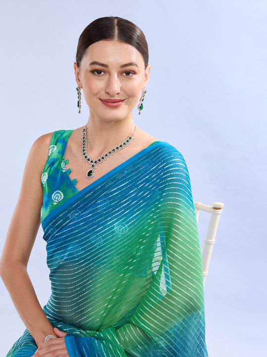 Green & Blue Weightless Saree With Blouse Piece