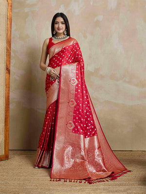Red Pure Satin Banarasi Saree With Tassels Saree With Blouse Piece