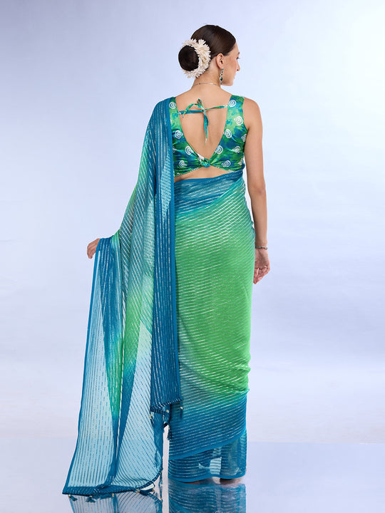 Green & Blue Weightless Saree With Blouse Piece