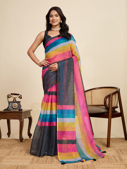 Multicolour Linen Saree With Jari Border All Over Single Colour Printed Saree With Blouse Piece