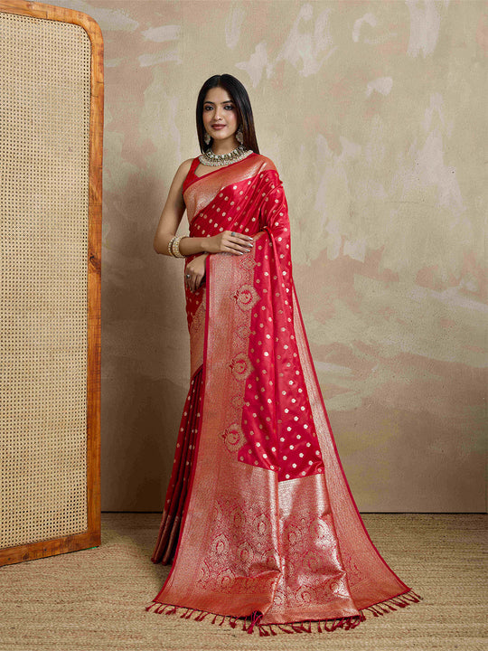 Red Pure Satin Banarasi Saree With Tassels Saree With Blouse Piece