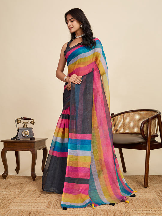 Multicolour Linen Saree With Jari Border All Over Single Colour Printed Saree With Blouse Piece