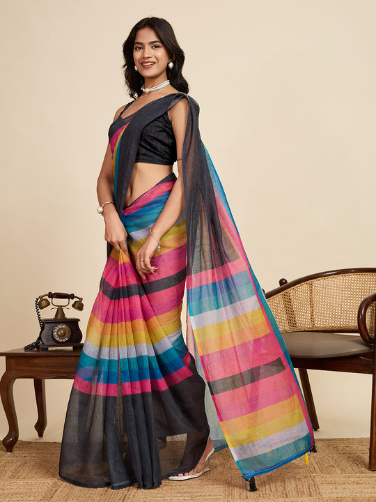 Multicolour Linen Saree With Jari Border All Over Single Colour Printed Saree With Blouse Piece