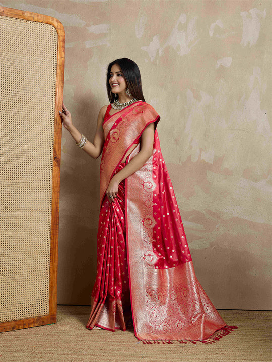 Red Pure Satin Banarasi Saree With Tassels Saree With Blouse Piece