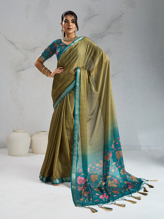 Pure Chiffon Digital Printed Woven Saree With Woven Border And Fancy Tassels
