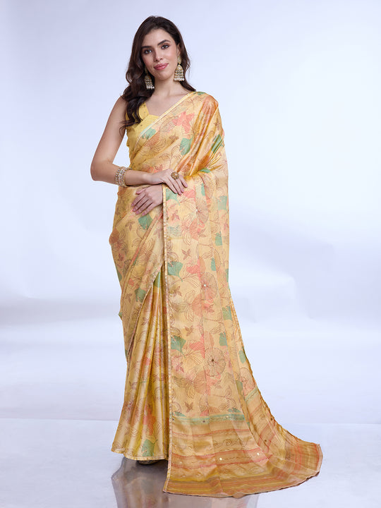 Light Yellow  Poly Chiffon Festive Wear Saree With Blouse Piecde