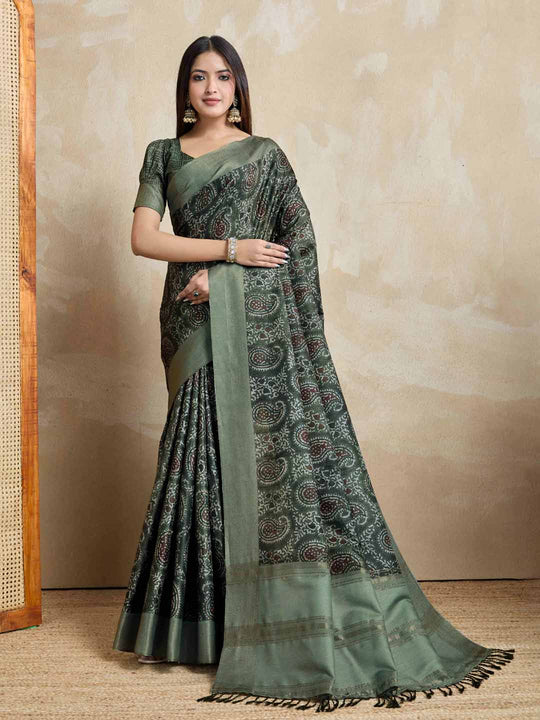 Olivegreen Pure Handloom Tussar Woven Pallu Ajrakh Printed With Blouse Piece